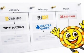 Timeline showing casino software provider game release roadmaps including BGaming-Wazdan merger, Betsoft-Belatra Games acquisition, and Red Tiger Gaming