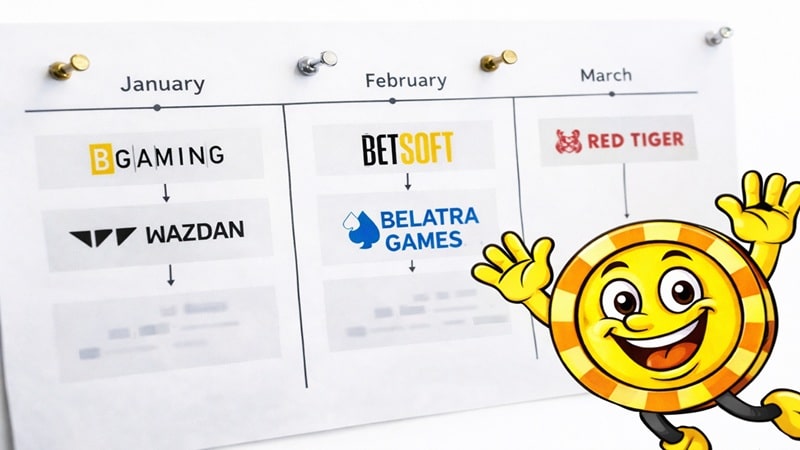 Timeline showing casino software provider game release roadmaps including BGaming-Wazdan merger, Betsoft-Belatra Games acquisition, and Red Tiger Gaming