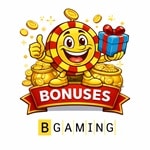 CasinoPlusBonus mascot giving a thumbs up with gold coin pots and a gift box above a Bonuses banner &mdash; view all BGaming bonuses.