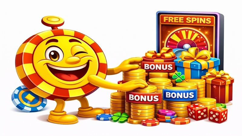 CasinoPlusBonus mascot surrounded by BGaming bonus coin stacks, a free spins wheel, and casino gift reward boxes