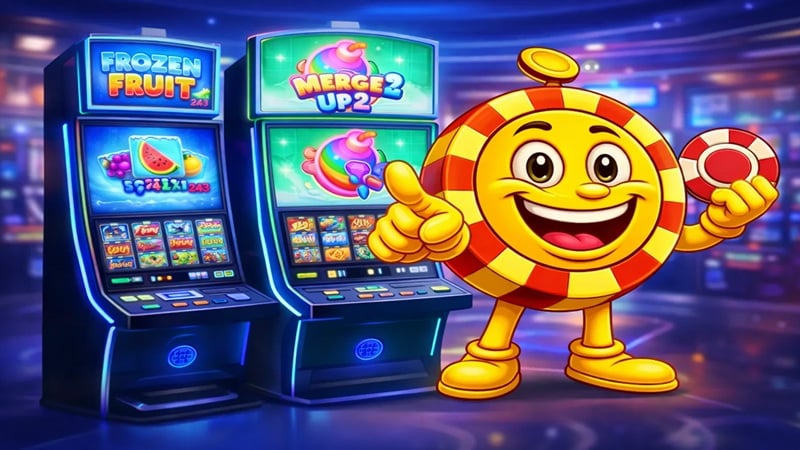 Casinoplusbonus mascot beside BGaming slot machines displaying Frozen Fruit and Merge Up 2.