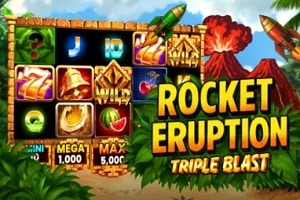 Rocket Eruption Triple Blast slot game by BGaming with dinosaurs volcanic scenery and explosive symbols