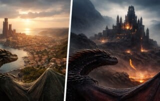 Two dragons in a split scene: one overlooking a sunlit coastal city at sunset, the other facing a dark fire-lit mountain fortress.