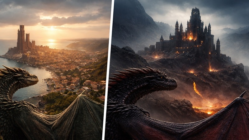 Split image of two dragons &mdash; a green-scaled dragon surveying a warm coastal city at sunset on the left, and a dark red dragon beside a glowing fortress on a volcanic mountainside on the right.