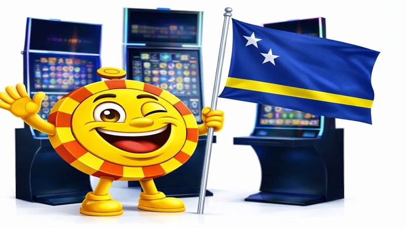 Casinoplusbonus mascot waving and holding a Cura&ccedil;ao flag with slot machines in the background