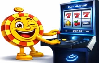 CasinoPlusBonus mascot pulling the lever on a classic slot machine showing triple 7s, bell, cherry and BAR symbols