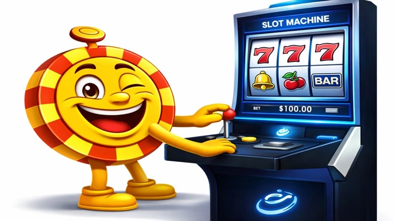 CasinoPlusBonus mascot pulling the lever on a classic slot machine showing triple 7s, bell, cherry and BAR symbols