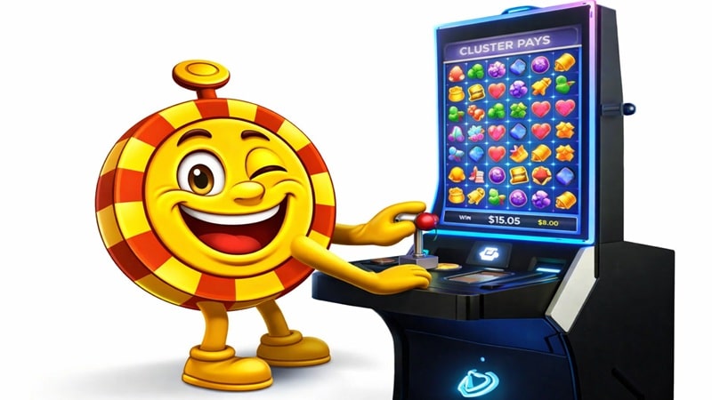 Casinoplusbonus mascot operating a Cluster Pays slot machine showing matching symbol clusters on a grid