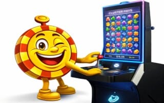 Casinoplusbonus mascot operating a Cluster Pays slot machine showing matching symbol clusters on a grid.