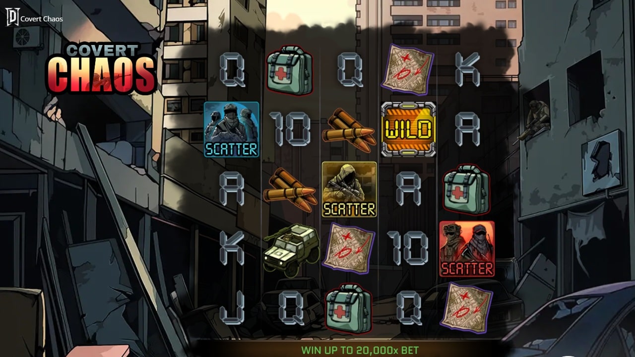 Covert Chaos slot game screenshot showing 5x3 reels with urban warfare theme, scatter symbols, wild features, and military equipment - Degen Studios