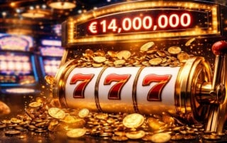 Slot machine displaying €14,000,000 jackpot with triple 7 symbols and gold coins overflowing in a casino
