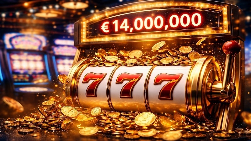Slot machine displaying €14,000,000 jackpot with triple 7 symbols and gold coins overflowing in a casino Slot machine displaying €14,000,000 jackpot with triple 7 symbols and gold coins overflowing in a casino