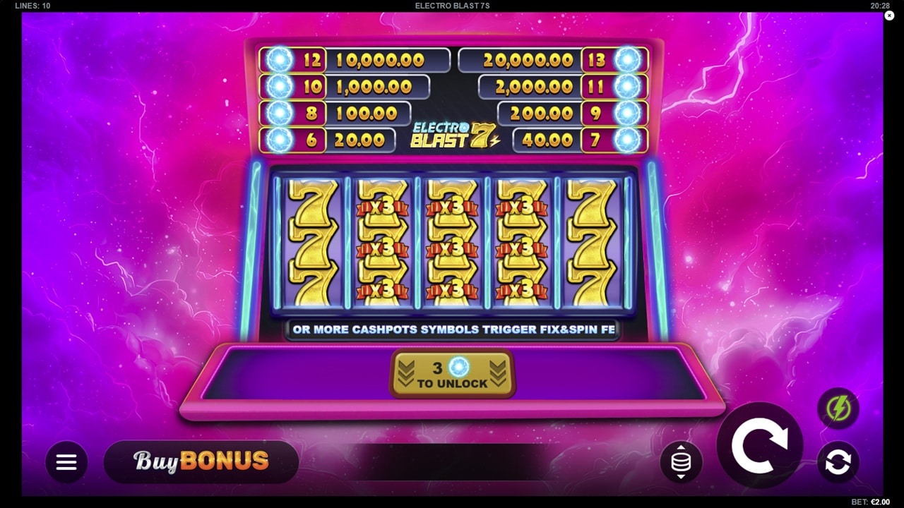 Electro Blast 7s slot reels showing five columns of gold 7 symbols with x3 multipliers on a neon-lit grid by Kalamba Games