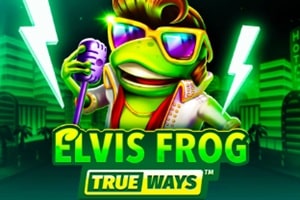 Elvis Frog TRUEWAYS online slot logo by BGaming featuring a the Elvis Frog character singing on stage.