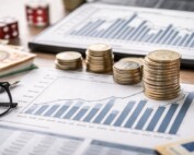 Financial charts and stacked euro coins with bar graphs showing Evolution Gaming's Q4 2025 quarterly earnings report and profit decline