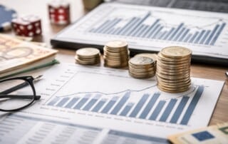 Financial charts and stacked euro coins with bar graphs showing Evolution Gaming's Q4 2025 quarterly earnings report and profit decline