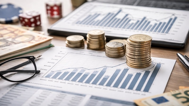 Financial charts and stacked euro coins with bar graphs showing Evolution Gaming's Q4 2025 quarterly earnings report and profit decline