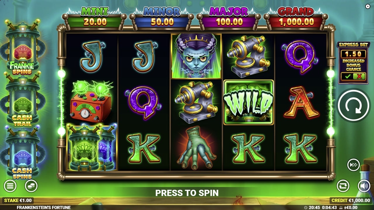 Frankenstein's Fortune slot reels showing monster-themed symbols including a wild, Bride of Frankenstein, and card royals on a 5x3 grid by Blueprint Gaming
