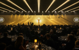 Global Gaming Awards EMEA 2026 trophy on stage during winners announcement ceremony at ICE Barcelona