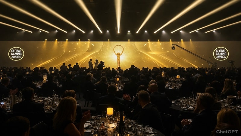 Crystal star trophy at the International Gaming Awards ceremony with golden stage lighting