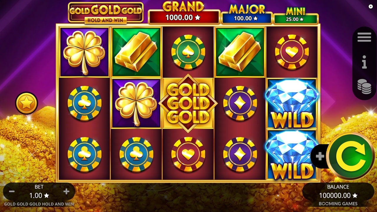 Gold Gold Gold Hold and Win slot reels showing gold bars, casino chips, clover symbols, and diamond wilds with jackpot meters