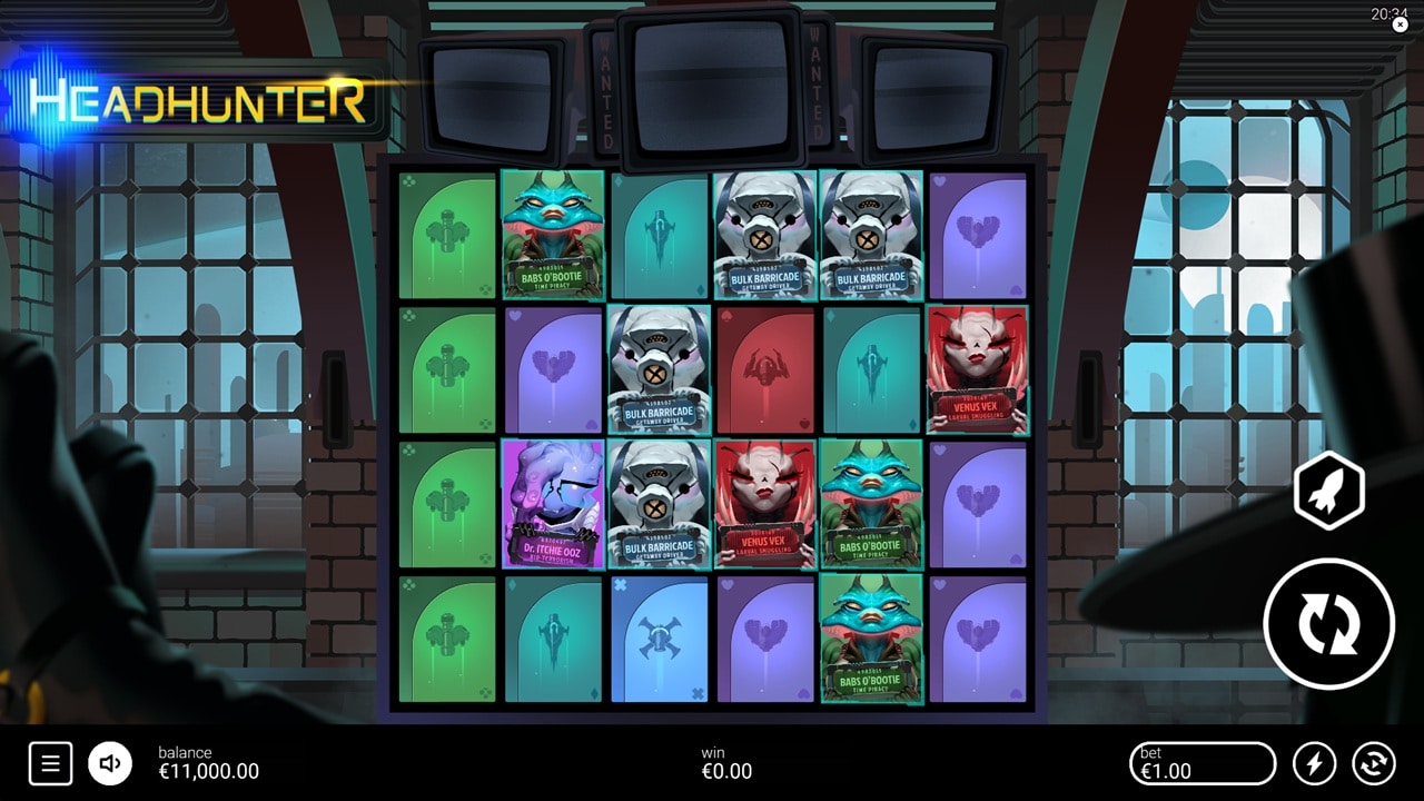 Headhunter slot game screenshot showing cyberpunk-themed reels with character symbols including Bulk Barricade, Venus Vex, Babs O'Bootie and Dr. Itchie 002 - BitPunch