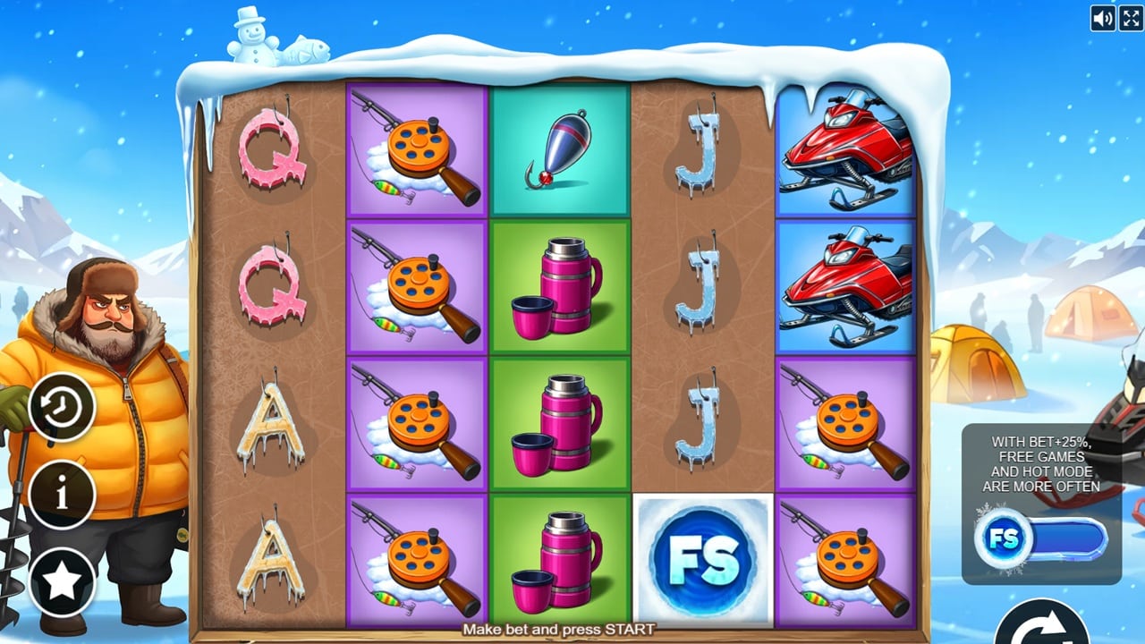 Ice Bass slot reels showing fishing reel, thermos, and snowmobile symbols on a 5x4 grid