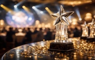 Crystal star trophy at the International Gaming Awards ceremony with golden stage lighting