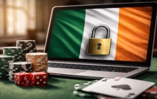 Laptop displaying Irish flag with padlock symbol alongside casino chips, dice, and playing cards representing Ireland's new GRAI online gambling licensing system launching February 202