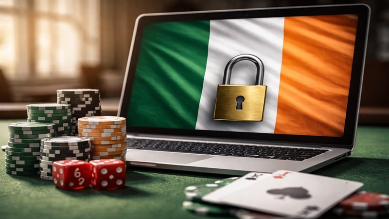 Laptop displaying Irish flag with padlock symbol alongside casino chips, dice, and playing cards representing Ireland's new GRAI online gambling licensing system launching February 2026