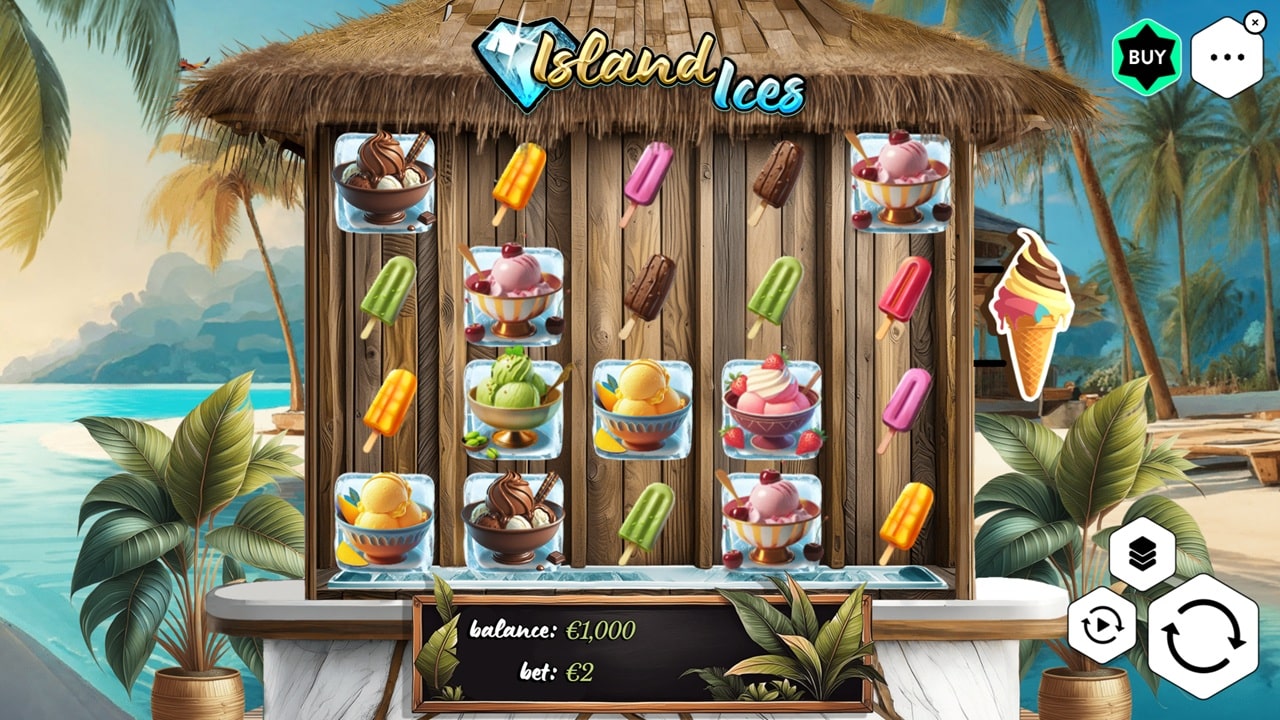 Island Ices slot game screenshot showing tropical beach theme with ice cream and popsicle symbols on wooden reels - Blackcat