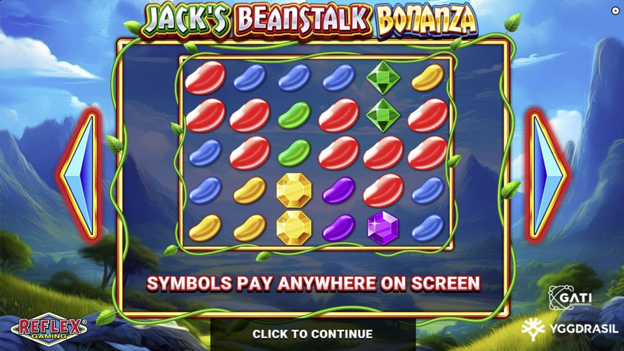Jack's Beanstalk Bonanza slot reels showing colourful jelly bean and gem symbols on a 6x5 grid by Reflex Gaming