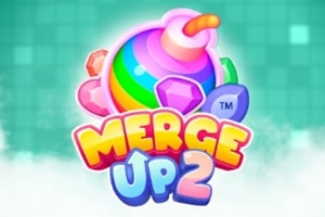 Merge Up 2 online slot logo by BGaming featuring colorful candy and gem icons.