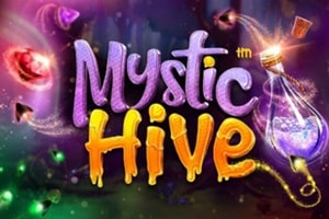 Mystic Hive slot game by Betsoft featuring magical honey-themed logo with cosmic sparkles and orbs