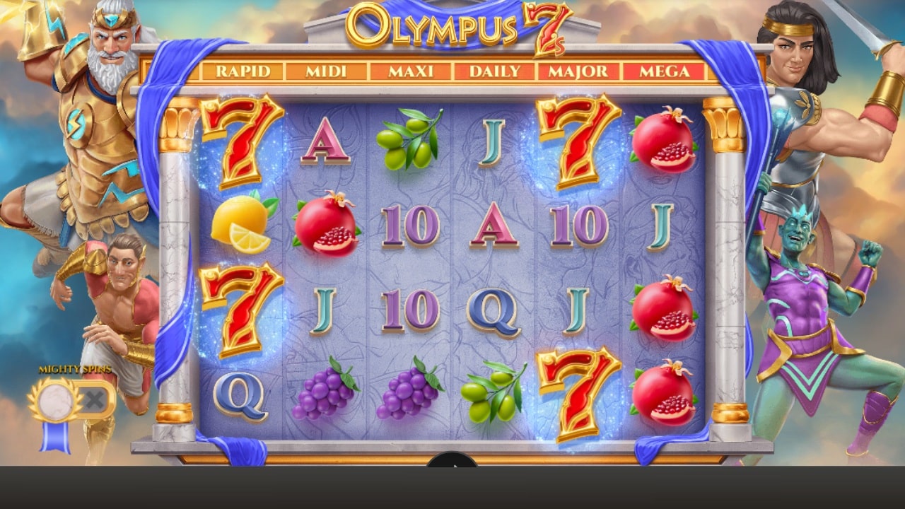 Olympus 7s Dream Drop slot game screenshot showing Greek mythology themed reels with fruit symbols, lucky sevens, and progressive jackpot meters - Relax Gaming