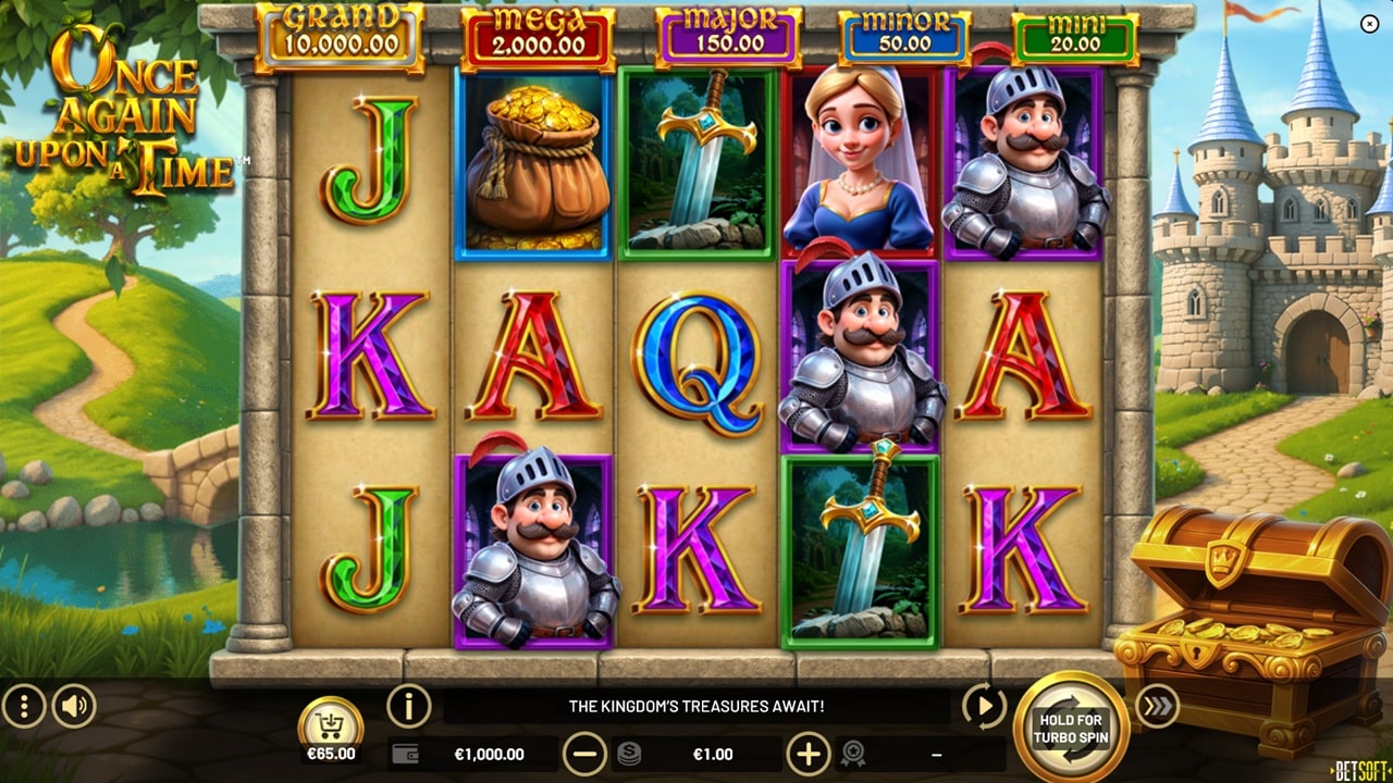 Medieval-themed slot reels with knight and princess symbols, sword and gold bag icons, castle backdrop