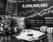 Casino chips, Canadian hundred dollar bills, playing cards and dice in front of computer screen displaying Ontario gambling statistics showing 9.5 billion dollars in wagers and betting slip with potential win of 425,400 dollars