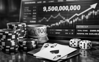 Casino chips, Canadian hundred dollar bills, playing cards and dice in front of computer screen displaying Ontario gambling statistics showing 9.5 billion dollars in wagers and betting slip with potential win of 425,400 dollars