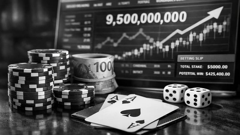 Casino chips, Canadian hundred dollar bills, playing cards and dice in front of computer screen displaying Ontario gambling statistics showing 9.5 billion dollars in wagers and betting slip with potential win of 425,400 dollars
