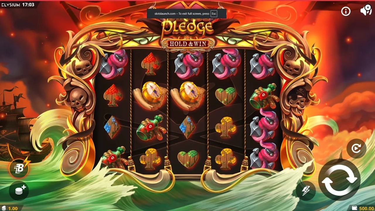 Pledge slot game screenshot showing 5-reel layout with Hold & Win feature, pirate-themed symbols, and ornate golden frame - Swintt
