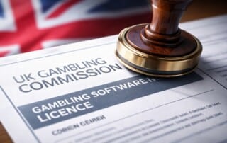 A UK Gambling Commission Gambling Software Licence document stamped with an official wooden seal, with a Union Jack flag in the background