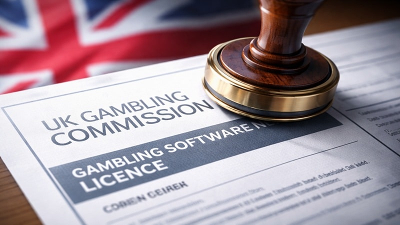Platipus Gaming Awarded Direct UKGC B2B Gambling Software Licence in 2026 Close-up of a UK Gambling Commission Gambling Software Licence document being stamped, with a Union Jack flag in the background.