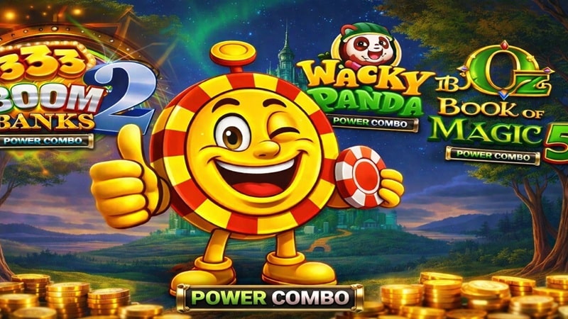 Casinoplusbonus mascot giving a thumbs up surrounded by gold coins, with Power Combo online slot game logos from Games Global
