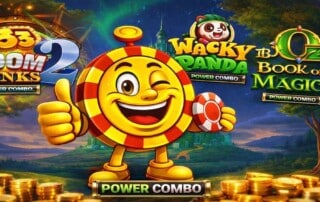 Casinoplusbonus mascot giving a thumbs up surrounded by gold coins, with Power Combo online slot game logos from Games Global