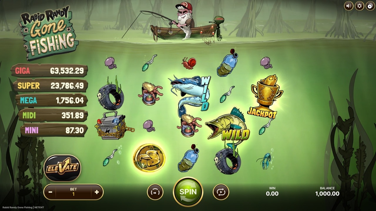 Rabid Randy Gone Fishing slot reels featuring wild fish symbols, a jackpot trophy, and five progressive jackpot meters on an underwater-themed grid by NetEnt.