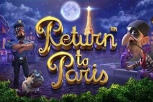Return to Paris slot game by Betsoft Gaming featuring romantic Paris theme with characters and full moon