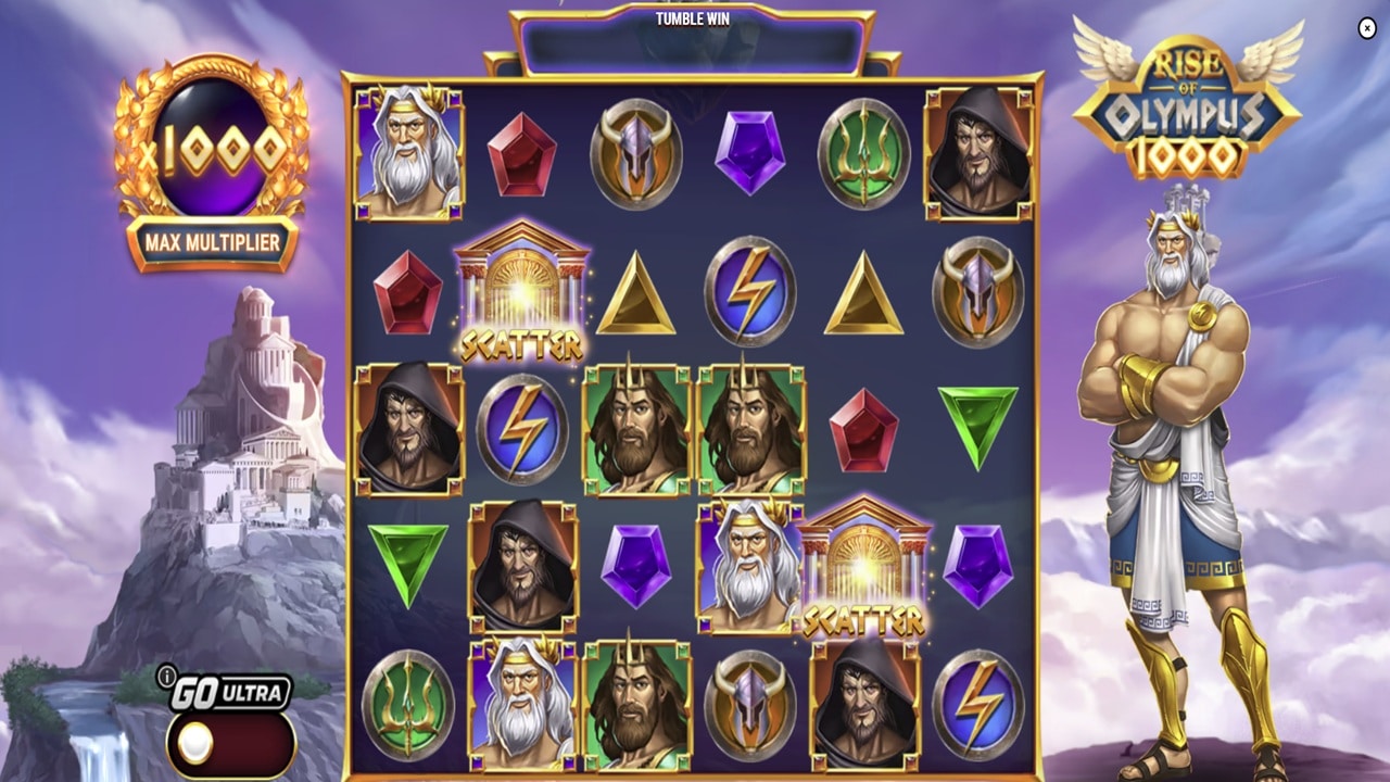 Rise of Olympus 1000 slot game screenshot showing Greek mythology theme with tumble win mechanic, 1000x max multiplier, scatter symbols and god characters - Play'n GO