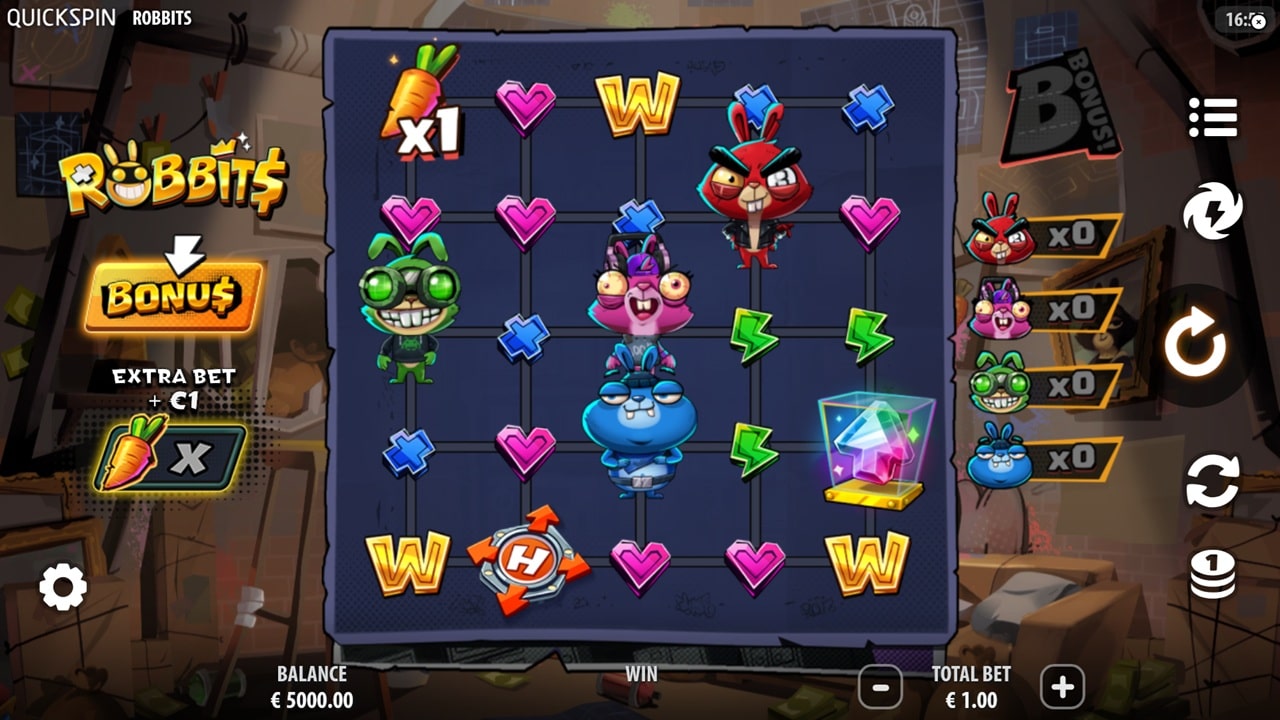 Robbits slot game grid displaying colorful rabbit characters, heart symbols, W letters, and lightning bolts on a blue board