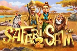 Safari Sam 2 slot game by Betsoft featuring explorer couple with lion and zebra in African savanna
