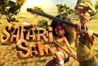 Safari Sam slot game by Betsoft featuring explorer character with rifle in African savanna setting